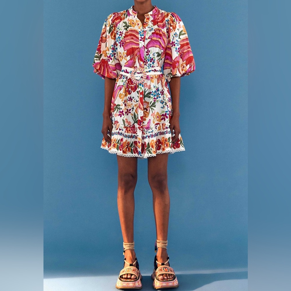 Farm Rio White Spring Bananas Belted Mini Dress